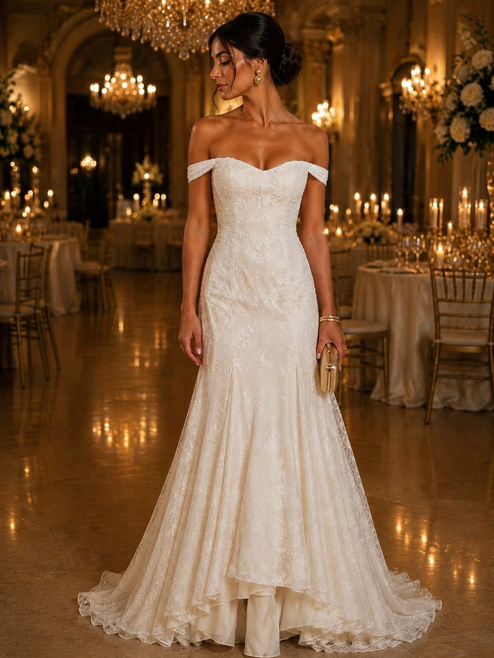 Melissa Sweet Off-Shoulder Ivory Lace Wedding Gown